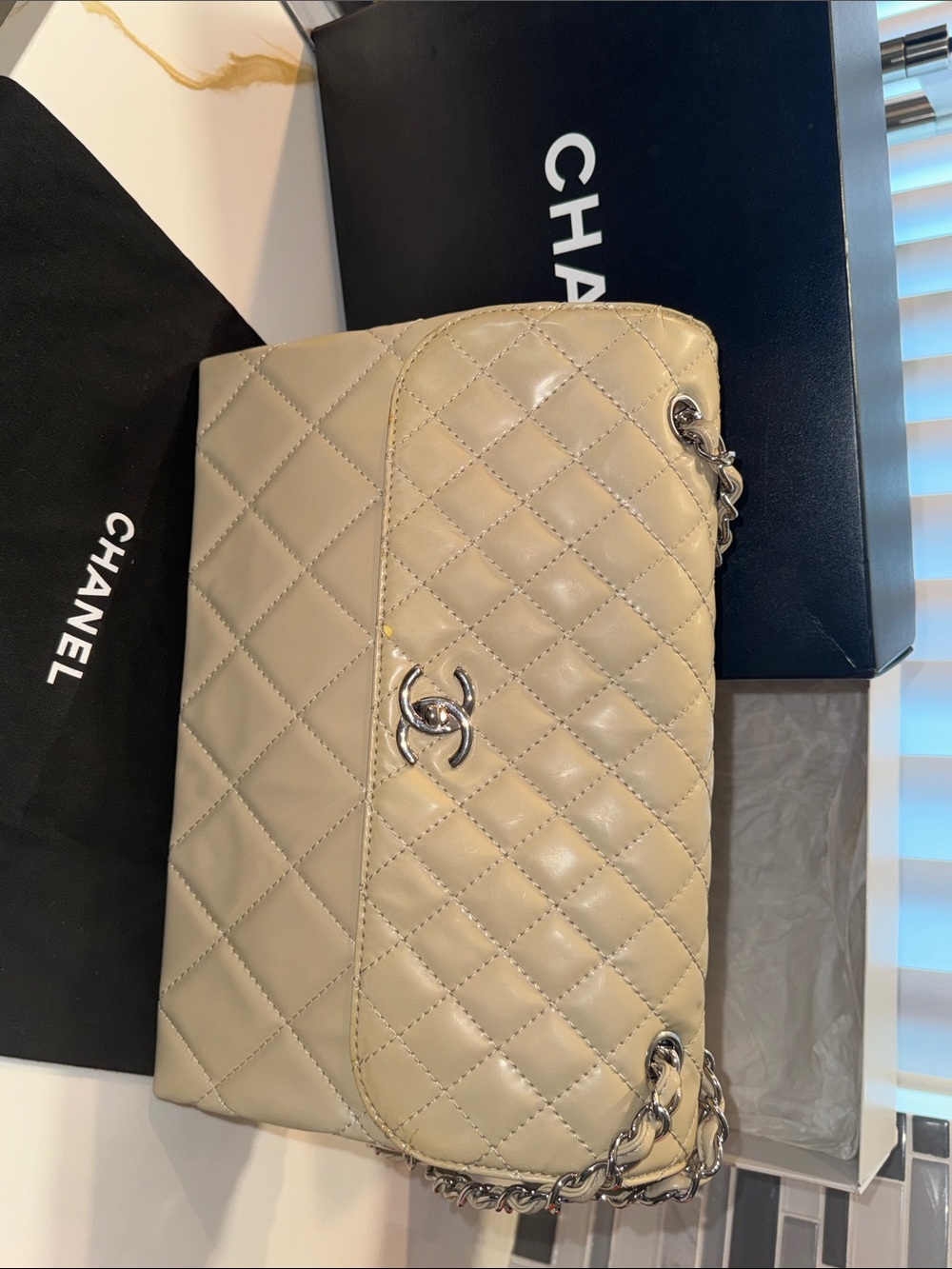 CHANEL Quilted Lambskin Shoulder Bag in Beige with Silver Hardware - Picture 3 of 14